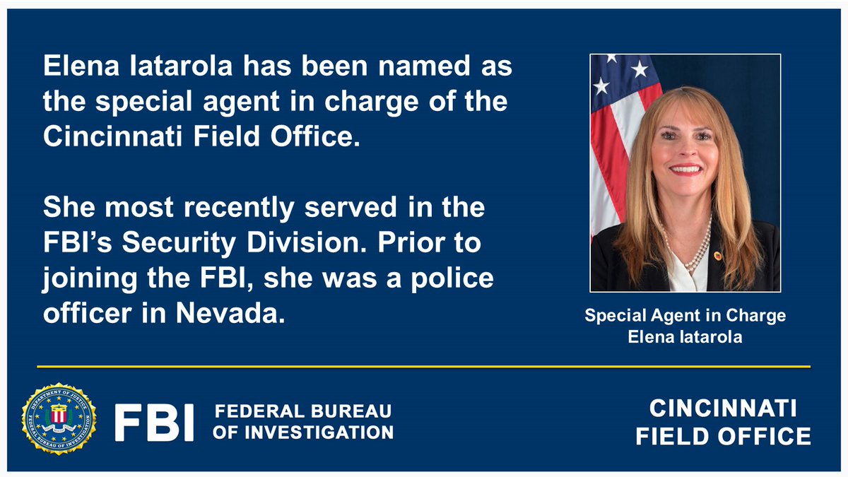 We welcome Elena Iatarola as the new special agent in charge (SAC) of the Cincinnati Field Office. SAC Iatarola is the third female agent to lead the Cincinnati Field Office. ow.ly/x78950R2fVn