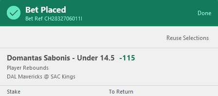 PropMerchant's tweet image. March 26th NBA #AI +EV bets
Record: 188-120 (61.0%)

📉Domantas Sabonis U 14.5 Rebounds (-115 Bet365)
👑Edge: 6.0%

👑= Great EV%
✨= Good EV%
☘️= Decent EV%
😬= Higher risk