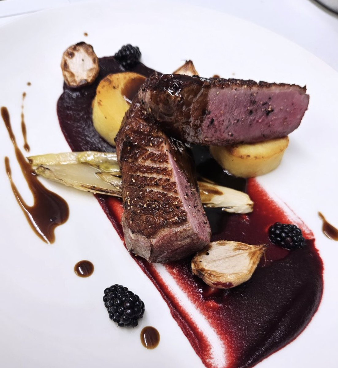 Open for dinner tonight 5pm to 9pm

Seared Barbarie Duck Breast, Beetroot Purée, Chicory, Fondant Potato, Baby Turnip, Blackberry Port Jus 🦆