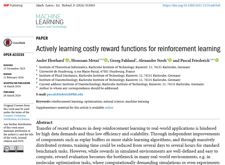 Great new work by @blitz737 @P_Friederich et al @KITKarlsruhe - 'Actively learning costly reward functions for #reinforcementlearning' - iopscience.iop.org/article/10.108… #machinelearning #algorithms #compchem #materials #AI #BigData #HPC #informatics