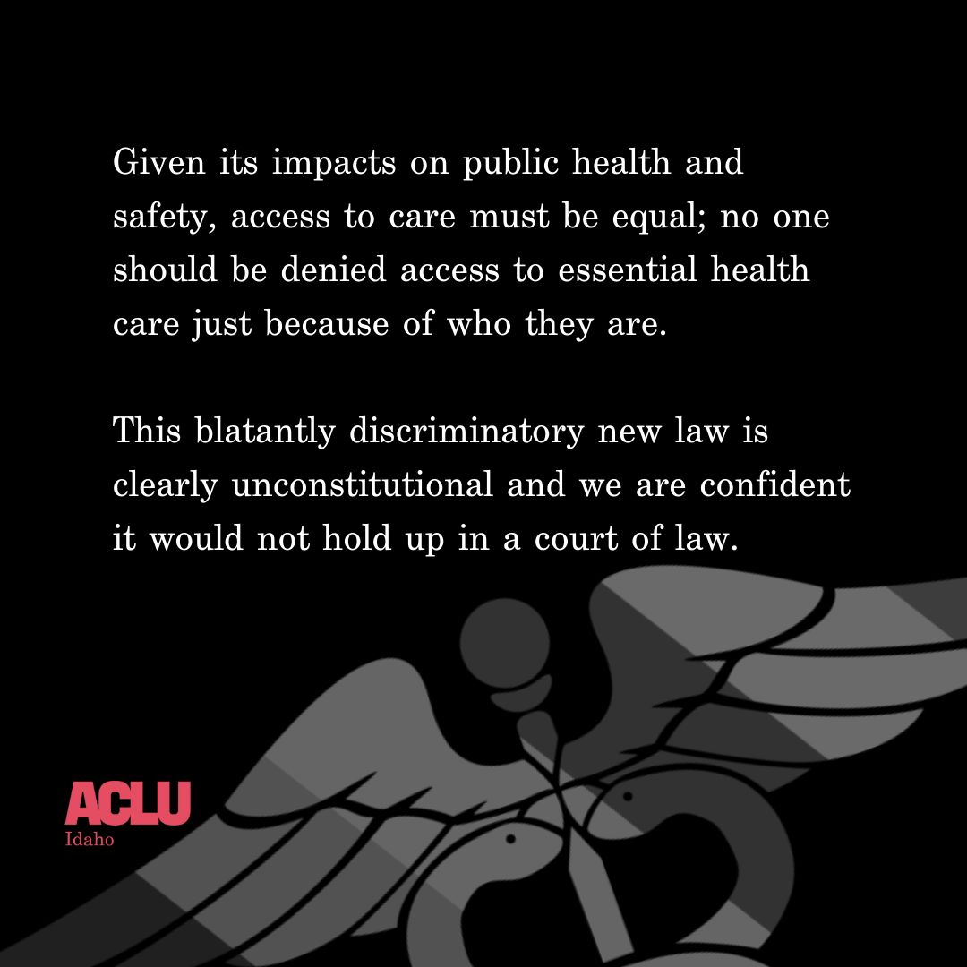 Last week, Governor Brad Little signed SB 1352 into, paving the way for dangerous acts of discrimination targeting LGBTQ+ Idahoans. Denying patients mental health care simply because of who they are is not religious freedom. It's against the law. #idleg #idpol