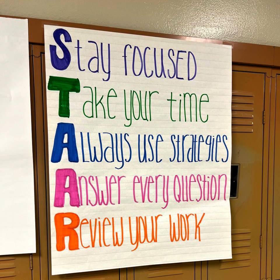 Mrs. Neifert is putting up encouraging words and reminders in the 6th grade hall for STAAR #TeamECISD #HornedFrogStrong #BowieMSOdessa #HighExpectations #Opportunity #StrongInstruction #BowieMMathRules