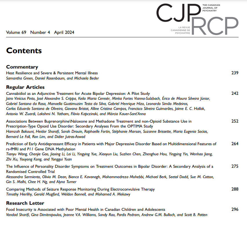The April issue is now out & online, with articles on heat resilience, cannabidiol, and ECT. Find it here: journals.sagepub.com/toc/CPA/current