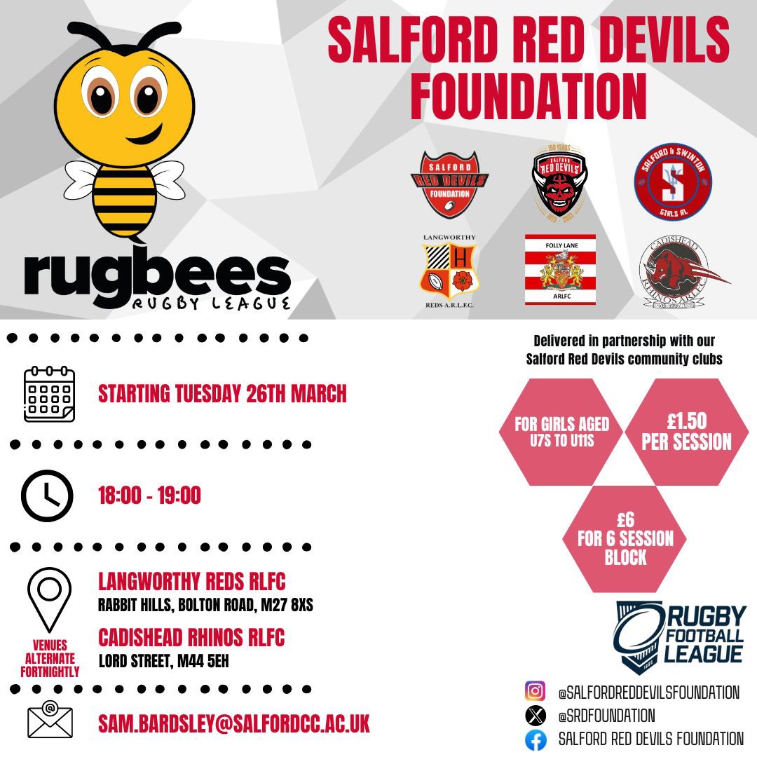 🏉🐝RugBees is back for all girls aged 6 to 10 years of age! ( U7s to U11s ) Starting on Tuesday 26th March at @LangworthyReds, sessions will run every 2 weeks with venues alternating between @LangworthyReds & @CadisheadRhinos @SalfordDevils