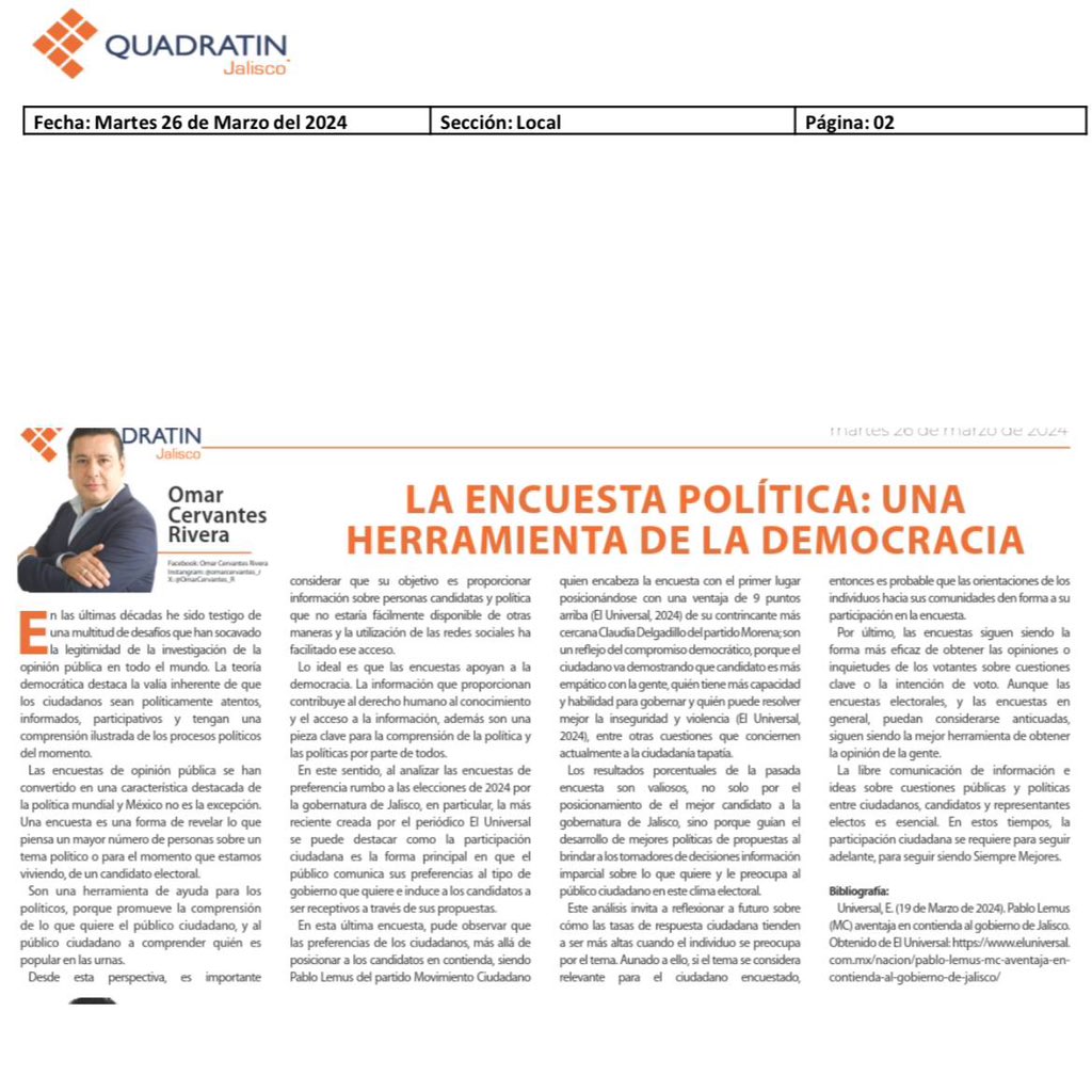 Las encuestas políticas: una herramienta de la democracia, de participación ciudadana y un derecho humano al conocimiento y el acceso a la información. 📊

Te comparto mi opinión, en @Quadratin_Jal:
👉🏼 jalisco.quadratin.com.mx/opinion/encues…
