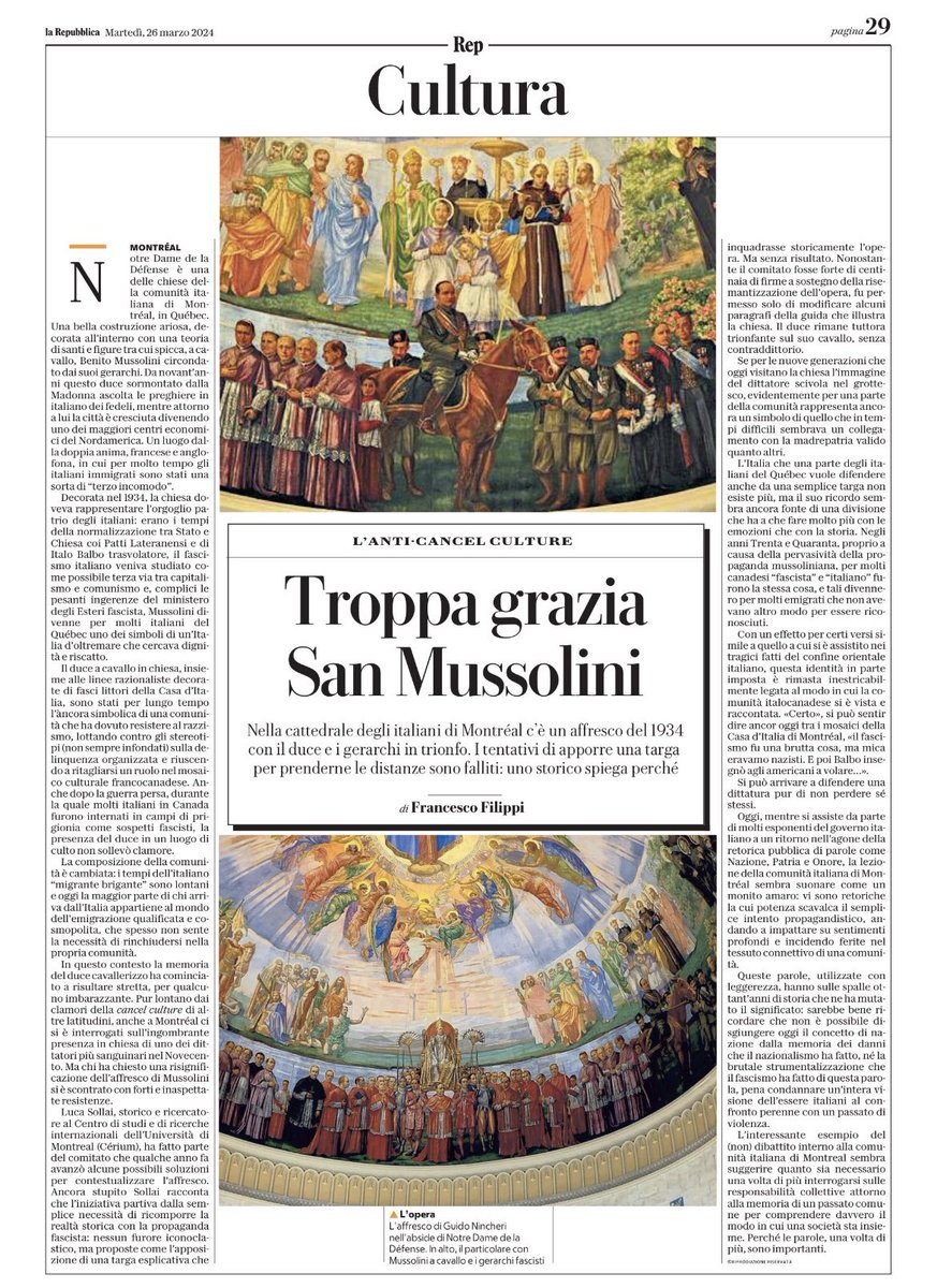 Marc Raboy (@marc_raboy) on Twitter photo In today’s La Repubblica (Rome), recalling the remarkable fresco depicting Mussolini and acolytes in Montreal’s Our Lady of La Difesa - that’s Marconi in full regalia, third to the left of Il Duce. <a href="/FrancescoFili15/">Francesco Filippi</a> In today’s La Repubblica (Rome), recalling the remarkable fresco depicting Mussolini and acolytes in Montreal’s Our Lady of La Difesa - that’s Marconi in full regalia, third to the left of Il Duce. <a href="/FrancescoFili15/">Francesco Filippi</a>