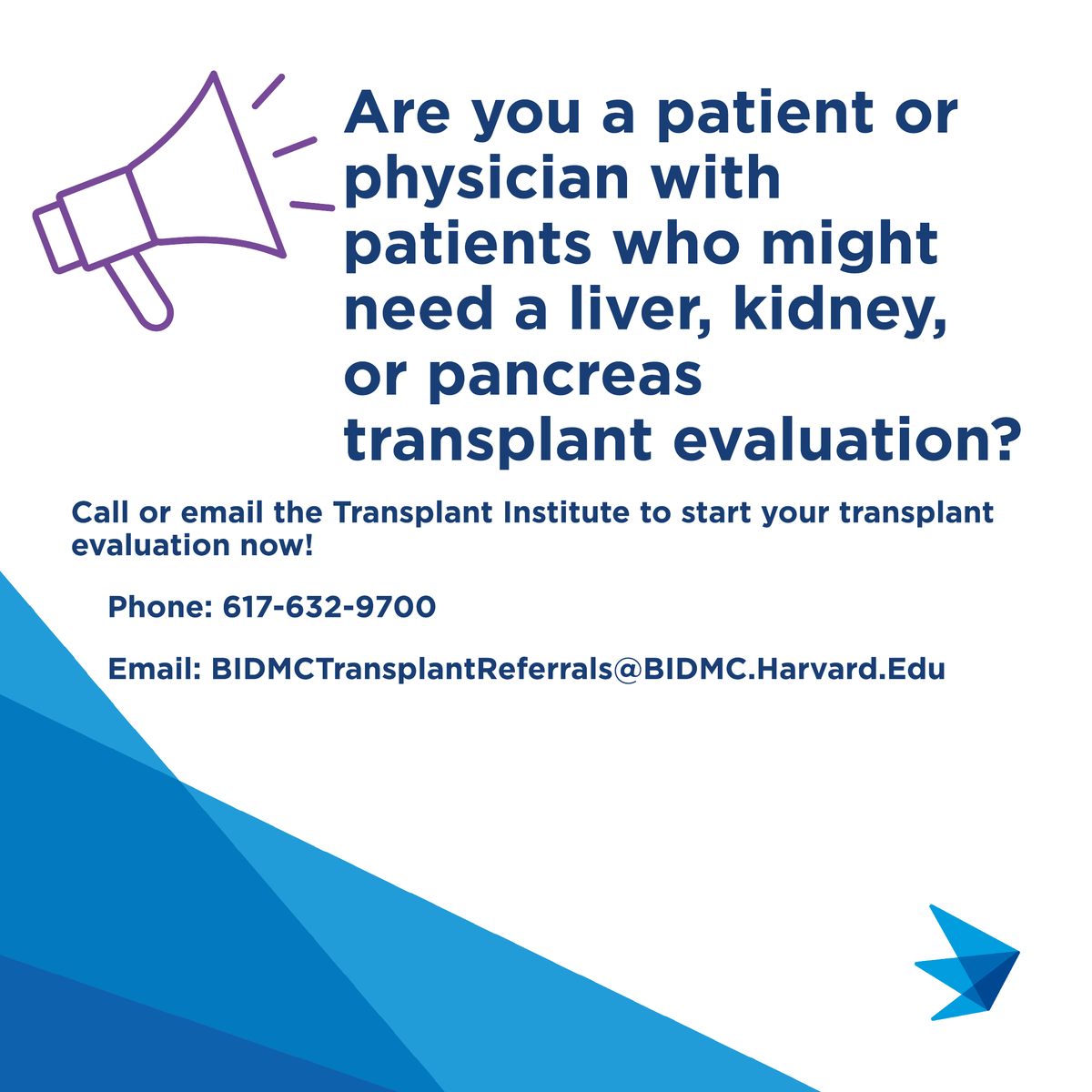 BIDMCTransplant's tweet photo. Reach out to learn more about our multidisciplinary transplant clinic. Patients can see all five transplant specialties in one visit! #livertransplantion
#kidneytransplantation
#pancreastransplantrecipient #organdonation
#organtransplantation
#organdonor
#transplantrecipient https://t.co/74lHYB1BkE