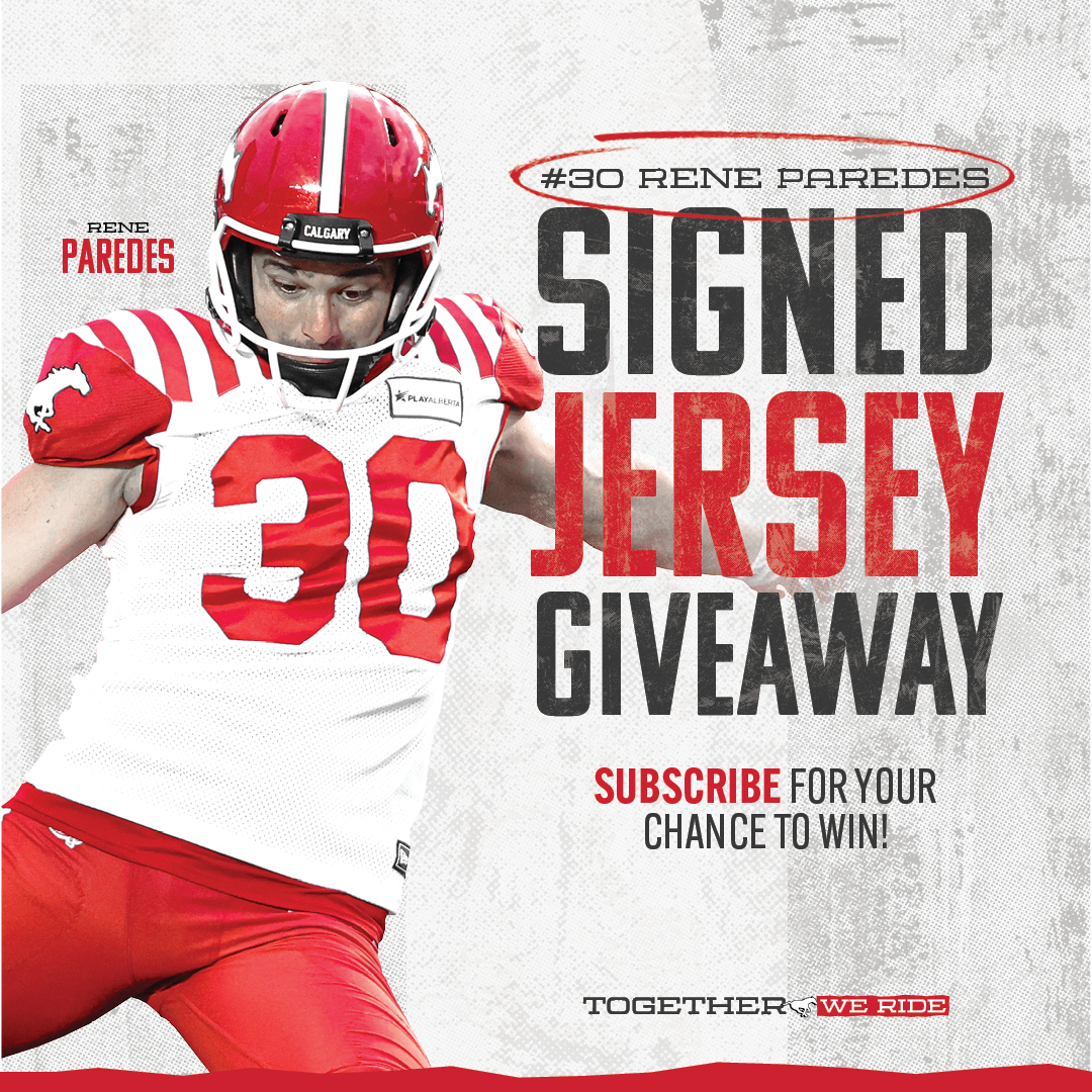 The countdown to Stampeders Season continues and we want to make sure you are geared up by giving one lucky Stamps fan one of four signed jerseys! To enter to win a signed Rene Paredes jersey, complete the steps below! 🧵 #TogetherWeRide🐎