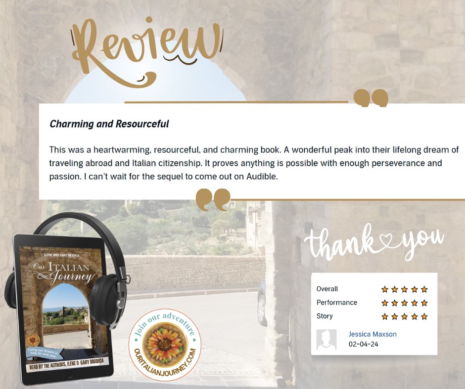 Thank you Jessica for a lovely review!

bit.ly/OIJ-Audiobook

#audiobooks #audiobooklover #audiobookreview #ouritalianjourney #audiobook #AudiobookAddict