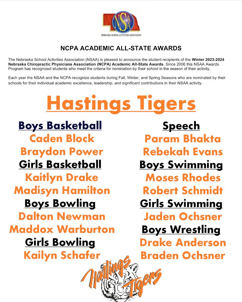 HastingsTigers's tweet image. Congratulations to the following Tigers for earning NCPA Academic All-State Awards from the NSAA for the Winter Season.

#every1aTIGER