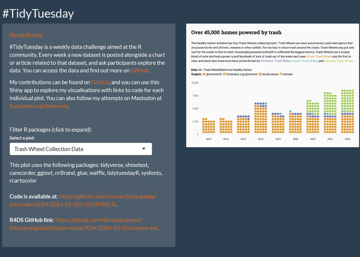 📢New blog post 📢

I built a Shiny app to display my #TidyTuesday plots, which updates automatically every time there's a new plot!

📦 Data extracted from the plot R scripts
💻 GitHub Actions to update the data
🕸️ Deployed with Shinylive

Link 👇👇

#Shiny #R4DS #RStats #webR
