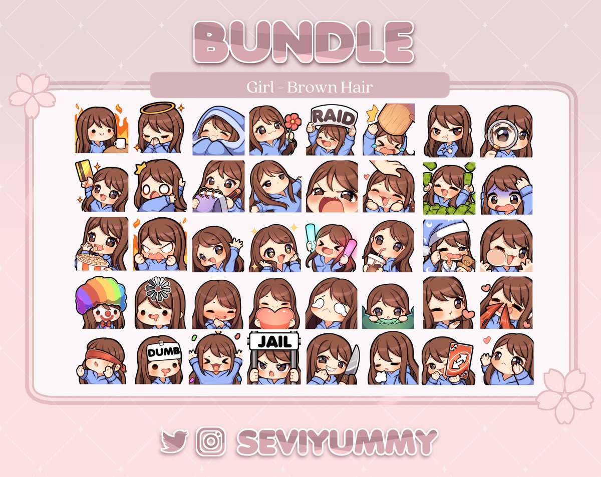🩷  Girl - Brown Hair 🩷
Pre-made bundle of emotes!

🌸$40 usd for the whole bundle ^^🌸
You can find these and more here:

✨ etsy.com/shop/SeviYummy
✨ ko-fi.com/seviyummy/shop