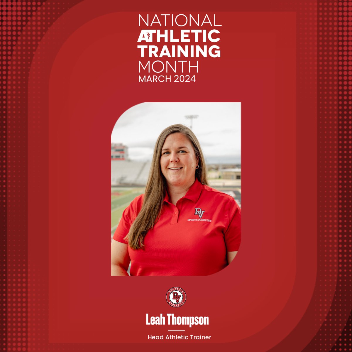 For National Athletic Training Month, Del Valle ISD Athletics recognizes Leah Thompson. Leah has served @DelValleISD students and coaches for 12 years. Our athletic trainers play a vital role in the health and success of our students. Thank you, Leah! 🫡