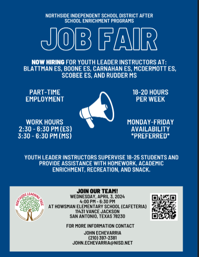 Come and join our After School Team! April 3 there will be job fairs at Cable and Howsman Elementary Schools.