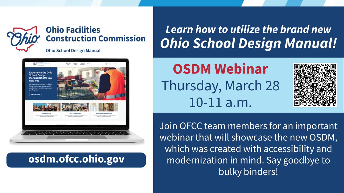 OHFacilities's tweet image. Explore the new Ohio School Design Manual (OSDM) website! Transforming school design into accessible language. Join us for a webinar this Thursday at 10 a.m. Register 👉 events.gcc.teams.microsoft.com/event/940164b0… #OhioSchools #SchoolConstruction