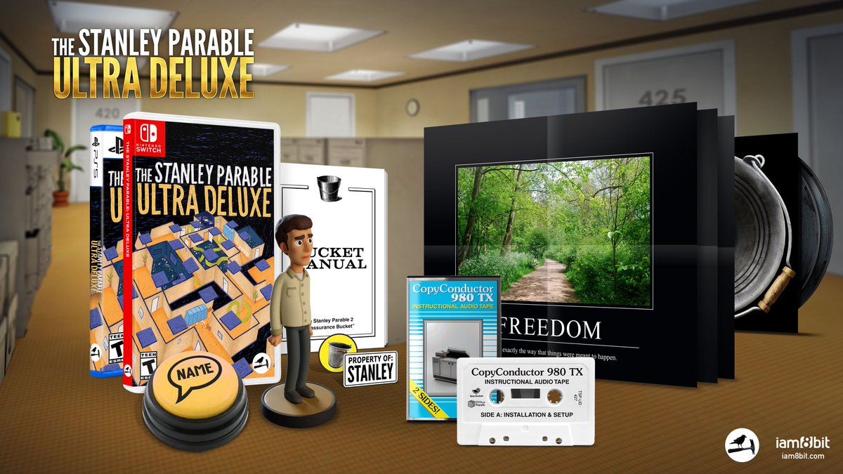 NEW: The Stanley Parable: Ultra Deluxe collection! 🪣 The Stanley Parable: Ultra Deluxe Collector's Edition 🎶The Stanley Parable 2xLP 📼The CopyConductor 980 TX Instructional Audio Tape 🔘The Button That Says The Name Of The Player Playing The Game Preorder 3/28 at 9 AM PT🖥️