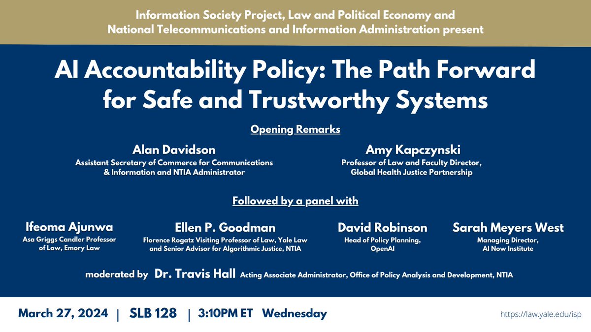 Tomorrow, with <a href="/NTIAgov/">NTIA</a> &amp; <a href="/LPE_Project/">The LPE Project</a>, we're very excited to present "AI Accountability Policy: The Path Forward for Safe and Trustworthy Systems"

Wednesday, March 27 at 3:10pm ET

Please DM for zoom details