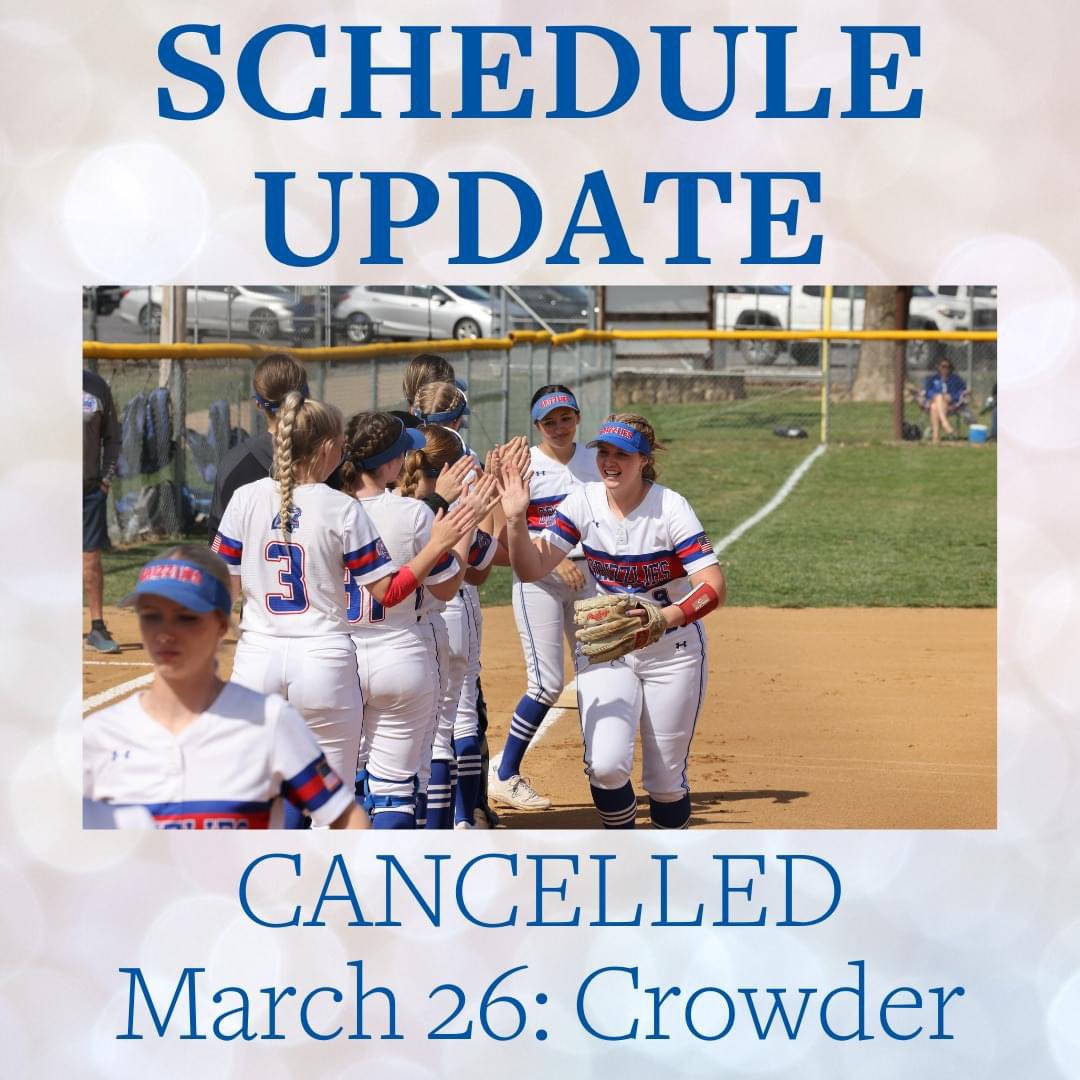 Today's doubleheader vs. Crowder College has been cancelled. The Grizzlies will be back in action Thursday in West Plains as they take on East Central College at 2 p.m.