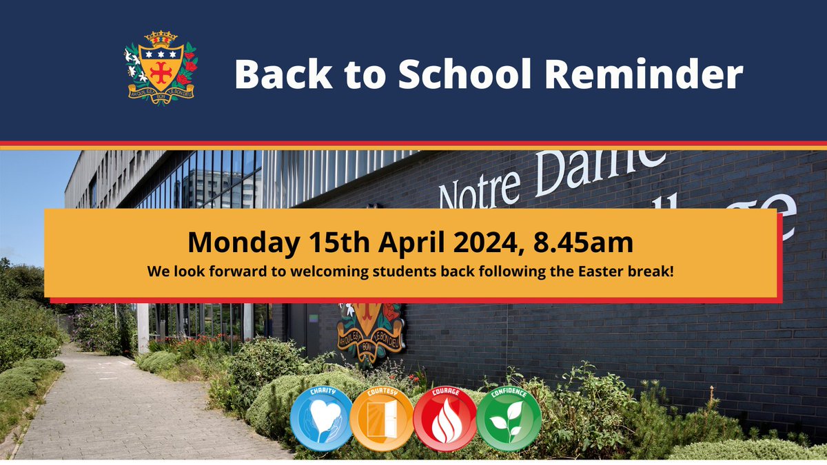 We hope our Notre Dame students and families have enjoyed their Easter break and feel rested and ready for a new term! We are #backtoschool on Mon 15 April at 8.45am! Students should arrive in full #schooluniform with the correct #equipment #readytolearn notredameliverpool.com/uniform/