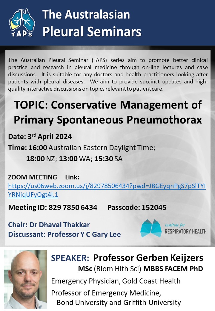 Conservative (no drainage) for PneumoThorax - Dr Keijzers will discuss this contemporary topic @ next Australasian #Pleural Seminar series (TAPS). Don't miss it on April 3rd AEST 4pm. This and past lectures on youtube.com/@TheAustralasi… @PleuralPOCUS @UKPleura @AAB_IP @APSRapsr