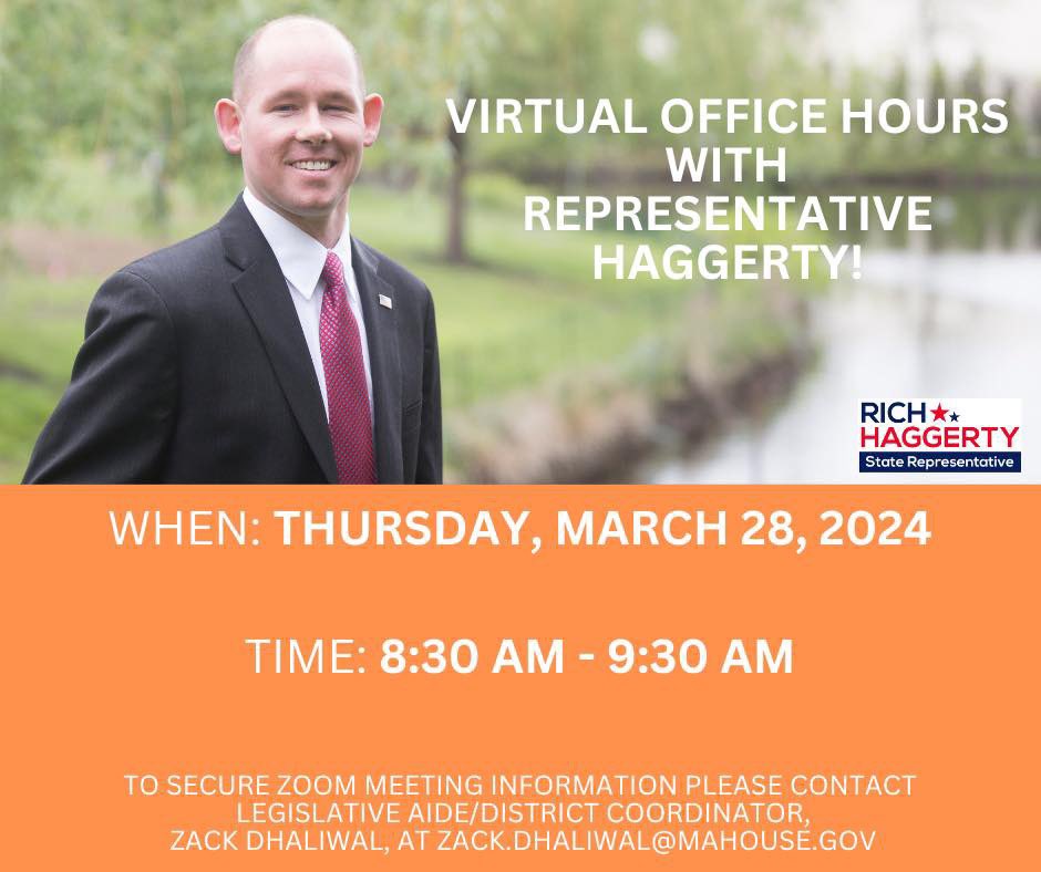 Reminder! My next virtual Office Hours will be taking place this Thursday. Either myself or a member of my staff will be present to answer any questions you have. If you aren’t able to attend, you can email Zack Dhaliwal at Zack.Dhaliwal@mahouse.gov.