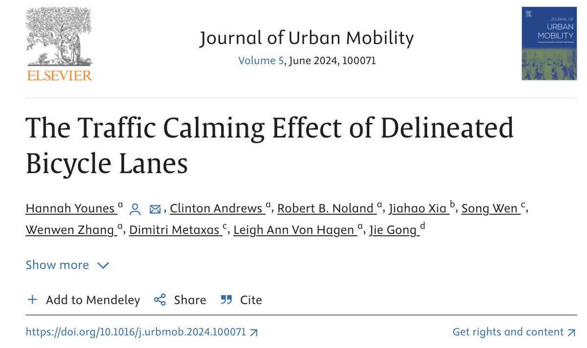 On the safety benefits of quality bike lanes: This new study finds that protected lanes reduce avg car speeds by 28%, plus 21% for cars turning right. Painted bike lanes generate only a 11-15% speed reduction for cars turning right. doi.org/10.1016/j.urbm…