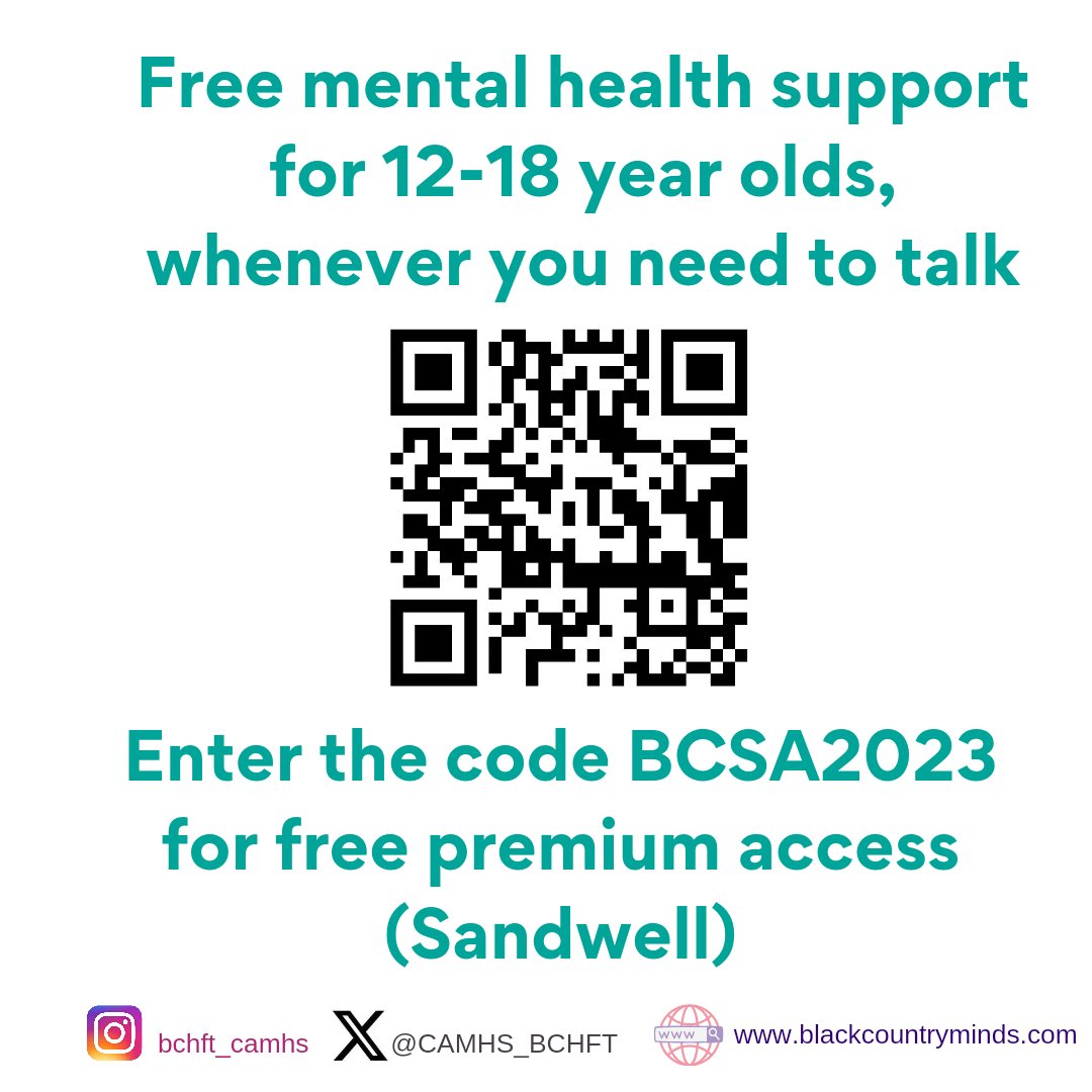 📢 Calling all 12-18 year olds across Sandwell! You can download Wysa for free and access premium content at no cost! Access your free online mental health support by scanning the QR code on a mobile device and enter BCSA2023 #MentalHealthMatters #support #free #Wellbeing