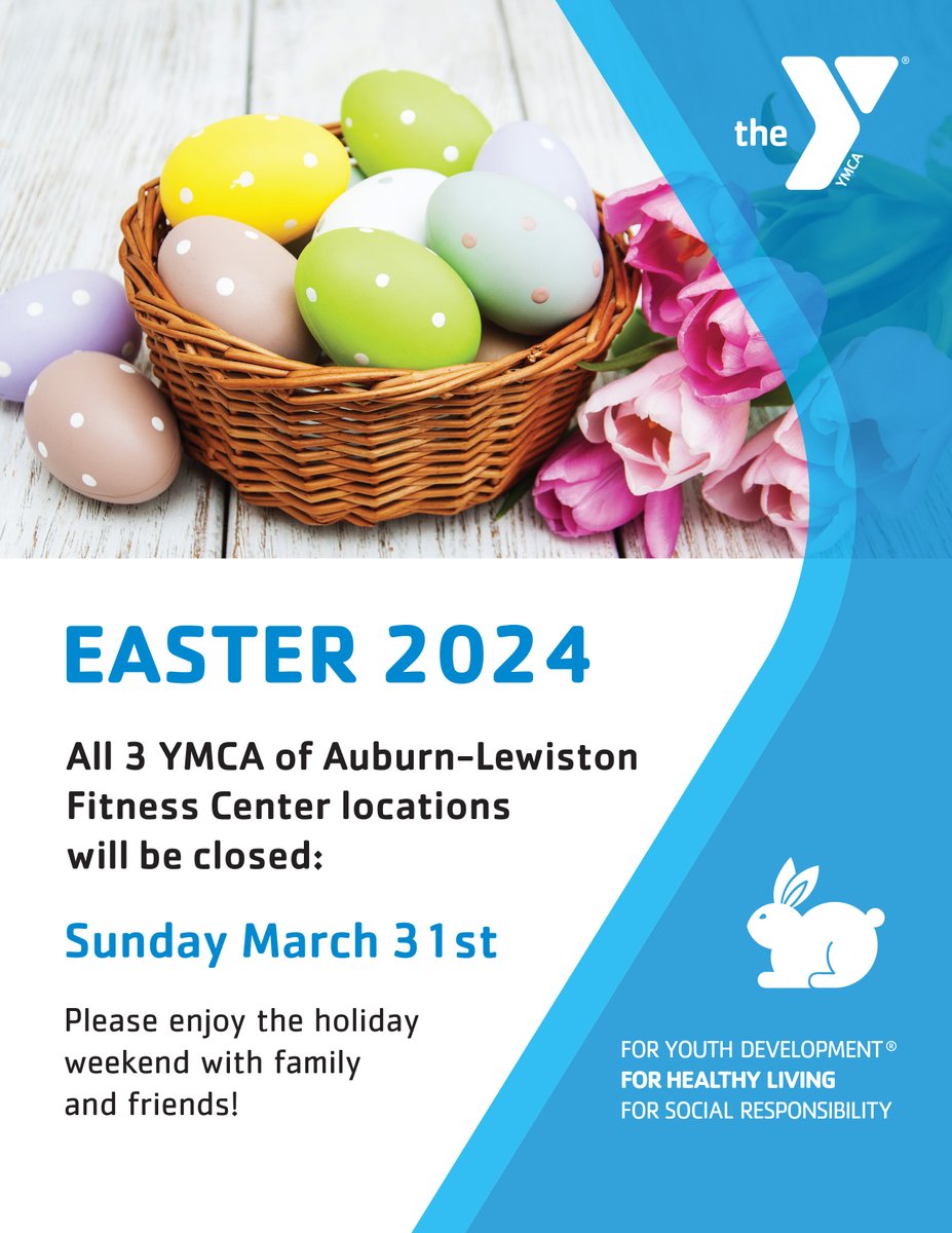 🐇 The YMCA of Auburn-Lewiston will be closed March 31st in observance of Easter Sunday. Please enjoy the holiday weekend with family and friends! #easter2024 #auburnmaine #lewistonmaine #ymca