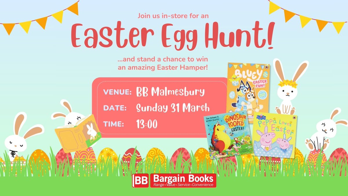 Join us for some Easter fun at Bargain Books Malmesbury on the 31st of March 2024 at 1pm. You can stand a chance of winning our Easter hamper and having an evening full of fun. Link to Event: fb.me/e/4g3LccwSu We hope to see you there!