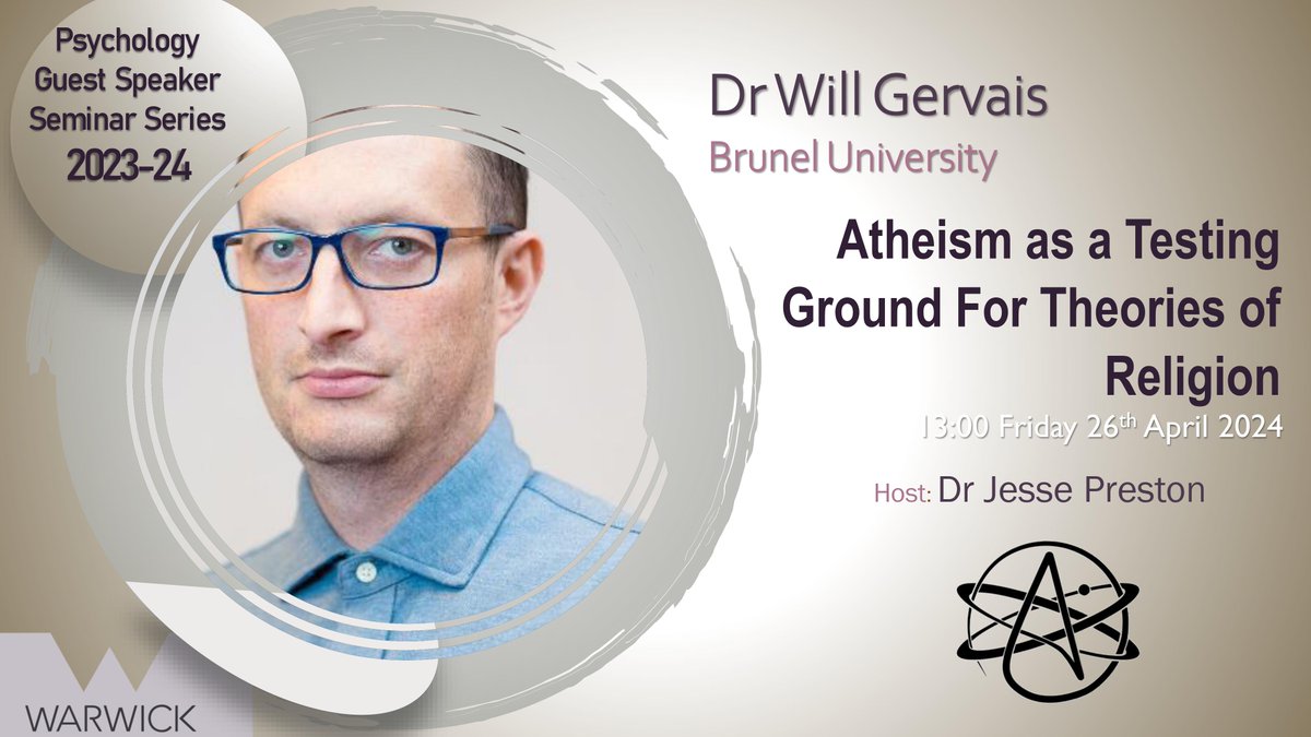 Upcoming Seminar! Please come and join us with Dr will Gervais to discuss Atheism and religion. 🤔