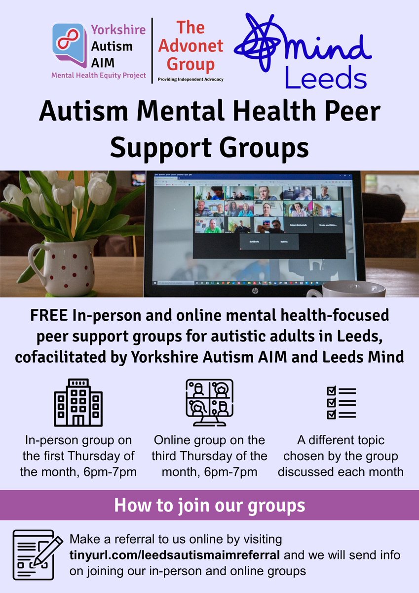 On the first and third Thursday of every month, we and @LeedsMind run #MentalHealth-focused #PeerSupport groups for #ActuallyAutistic adults in #Leeds! Next month, our meeting topic is Sensory Needs! Find out more about the groups and how to join here: leedsautismaim.org.uk/our-services/y…