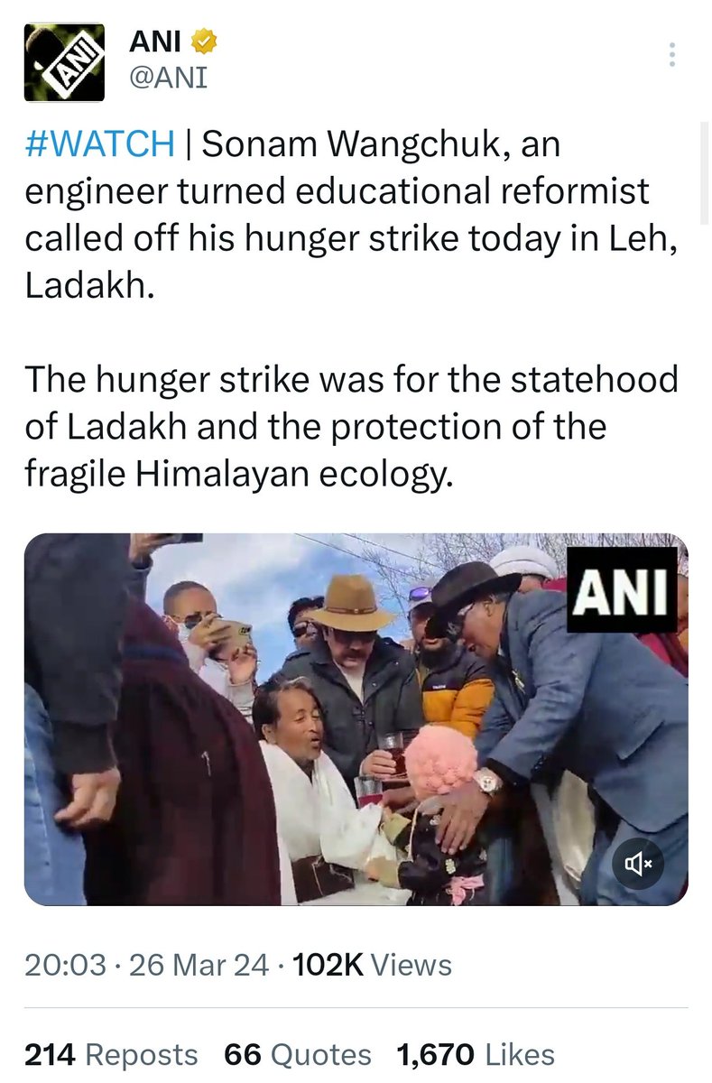 zoo_bear's tweet photo. ANI finally tweets about the hunger strike protest by Sonam Wangchuk @Wangchuk66 in Ladakh. But after he called off his hunger strike. That's the state of our Indian media. https://t.co/CB3v8gwpxM