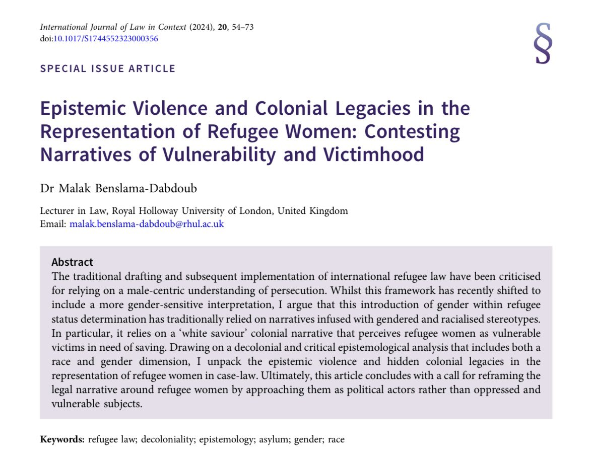 Fresh from the press 🎉 I am happy share my new article in the @IJLC_CUP Special Issue edited by @ProfMorenoLax and Dr Niovi Vavoula. In this thought-provoking piece, I argue that representation of refugee women in case law is infused with premises of colonial vulnerability.