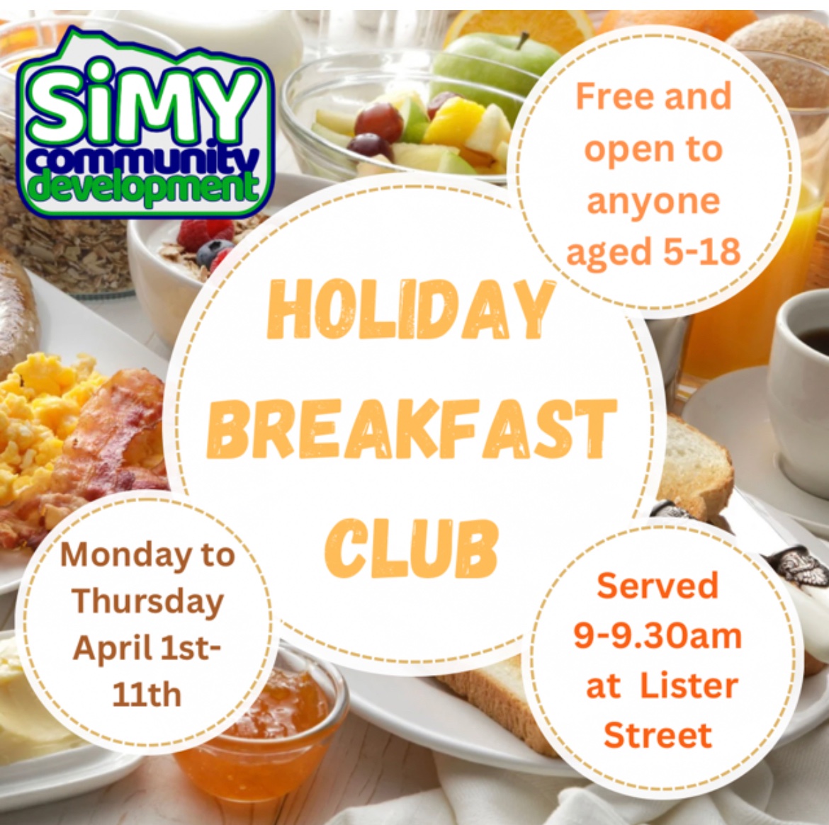 Please see below details for FREE HOLIDAY BREAKFAST CLUB FOR ALL THOSE AGED 5-18yrs! this is being run by SimY community development at Lister St, Townhead during the Easter holiday break. You DO NOT have to be a regular member of SiMY to access this. #health&wellbeing #partners