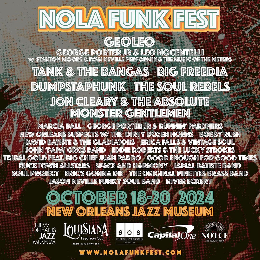 ⚜️ #NolaFunkFest lineup just announced featuring Dumpstaphunk + Ivan performing the music of #TheMeters with original members #GeorgePorterJr & @leonocentelli along with @Stanton_Moore + many more October 18-20 @nolajazzmuseum!! 🎫 Tickets on sale: nolafunkfest.com 🔗