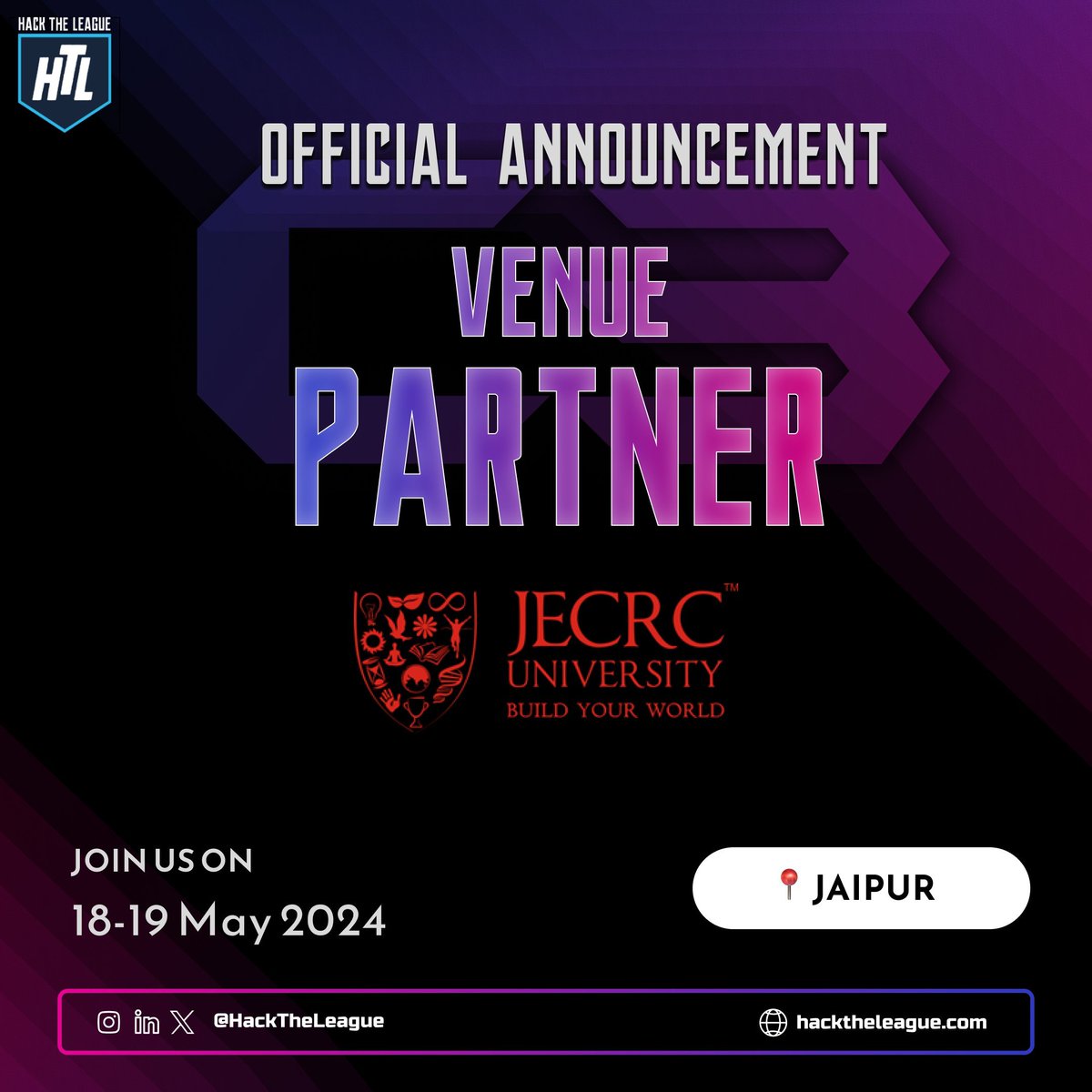 HackTheLeague's tweet photo. Are you registered for Hack the League Chapter 3? ⚡

Mark your calendars! The #Hackathon will be held on May 18th-19th, 2024 at JECRC University, Jaipur 📍

Get ready to put your coding skills and collaborate to innovate. 🦸🏻 

Don't wait, Register Now on our Website!!! ⚠️ https://t.co/LIaSbpRQtN