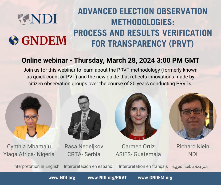 Join our Director of Programmes @DCynthiaM & other elections experts in this global webinar on the Parallel Results Vote Tabulation (PRVT) methodology which verifies both election day process & results in order to improve its transparency. Sign up here: docs.google.com/forms/d/e/1FAI…