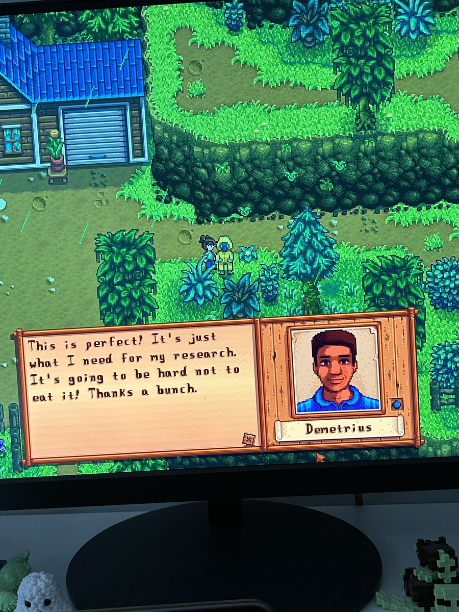 Hi <a href="/ConcernedApe/">ConcernedApe</a>! Not sure if this is a bug but if you complete Demetrius’s melon request during green rain, he is not wearing his hazmat suit in his portrait jsyk.