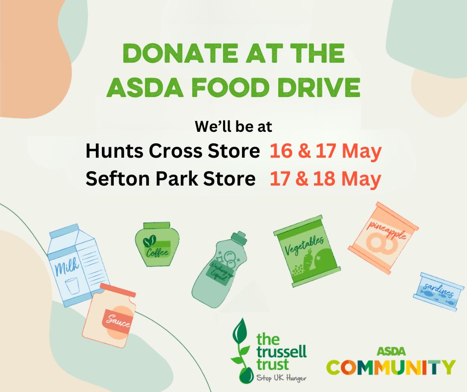 To help increase our #foodbank stocks, we'll be at @Asda #HuntsCross and #SeftonPark stores this week. If you can include an extra item or two in your trolley for us that would be great! Thank you 💚 Here's what we urgently need👉bit.ly/3DrPRVW #AsdaFoodDrive