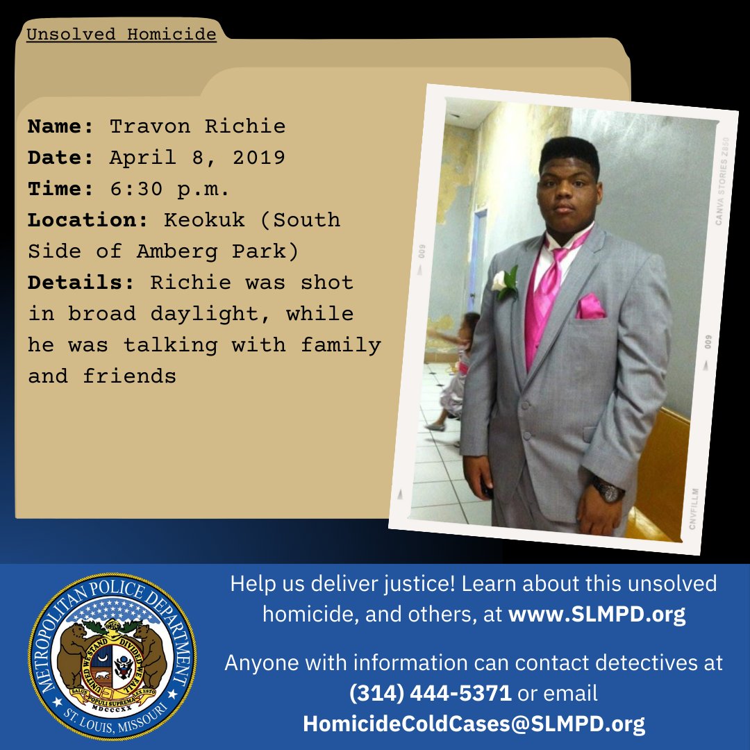 Travon Richie was shot and killed in 2019. Do you know who is responsible? Visit slmpd.org/unsolved_homic… to learn more about this case, and others, and see how you can help.