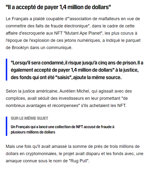 Crypt0celot's tweet photo. Tu nous montre que c'est "fouadbrm" qui serait le founder ?

Tu veux dire le mec qui a créé une société avec Aurélien Michel ? Le type derrière "Mutant Ape Planet" qui a déjà versé 1.4M$ et qui sera condamné en Mai 2024 ?

Ca prouve pas que lui est un scammer m'enfin tu conviendras que "on fait comment là du coup ?"