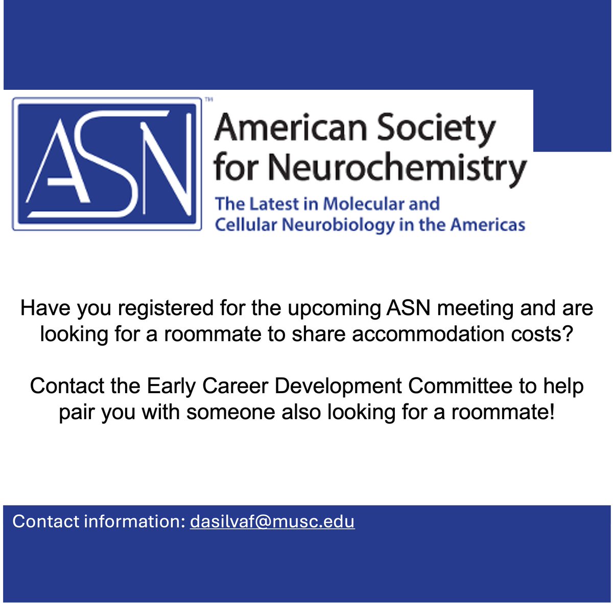 If you are looking for someone to share accommodation costs for the upcoming ASN meeting (April 14-18th) get in touch with the Early Career Development Committee (ECDC). We will help pair people up. Contact info: dasilvaf@musc.edu