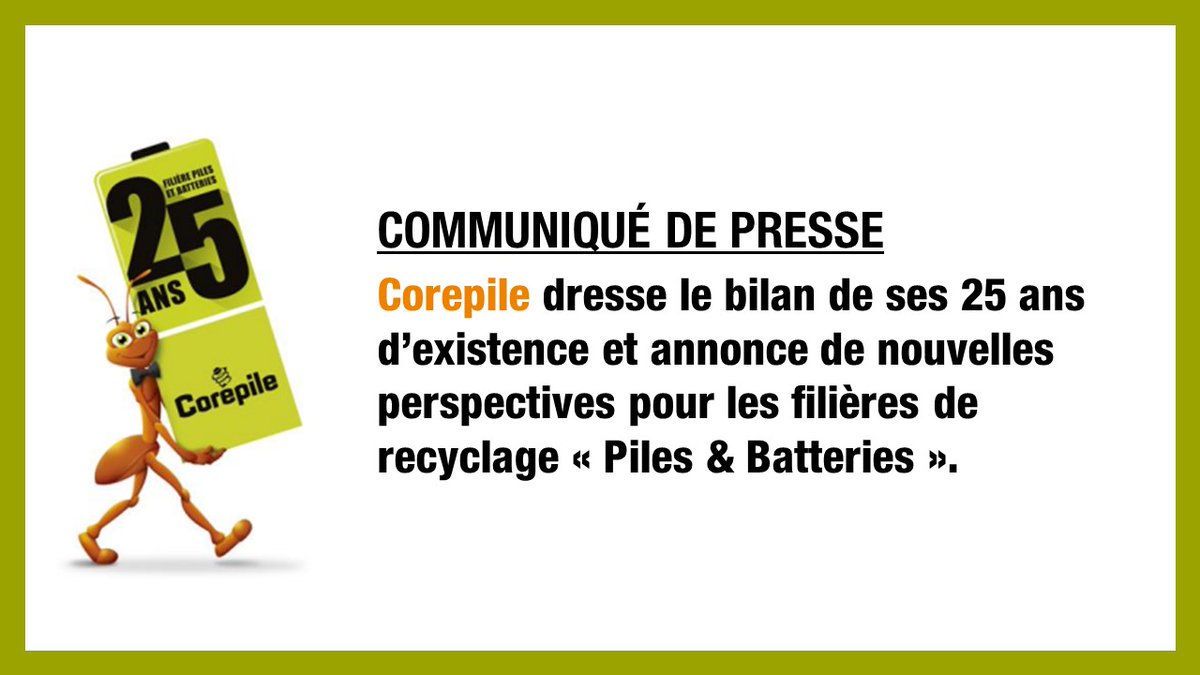 🔋A l'occasion de son 25e anniversaire, #Corepile dresse le bilan du quart de siècle de la 1ère filière dite « opérationnelle » dédiée au #recyclage des #piles et accumulateurs portables. 
🔗Retrouvez le communiqué de presse ⬇
 lnkd.in/dHHBaYnG