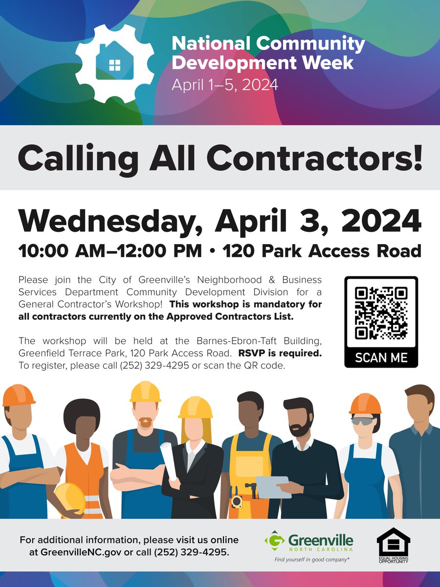 GreenvilleNC's tweet image. Calling all contractors! ⚒

Join us tomorrow for a general contractor’s workshop &amp;amp; learn more about how you can work with the City of Greenville! Registration is still open: forms.gle/oYZWUNfsBRssTc…

#CDWeek2024 #CDBGworks #CDBG50 #GreenvilleNC #CommunityDevelopmentDivision