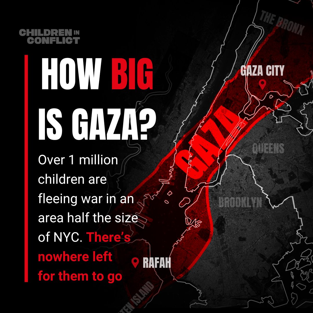 Over a million children in #Gaza are trying to find safety in an area less than half the size of NYC There's nowhere left to go. We're raising funds for rapid aid, & to prepare our child protection, education, & trauma recovery programs to meet demand 🕊️bit.ly/491CJEz