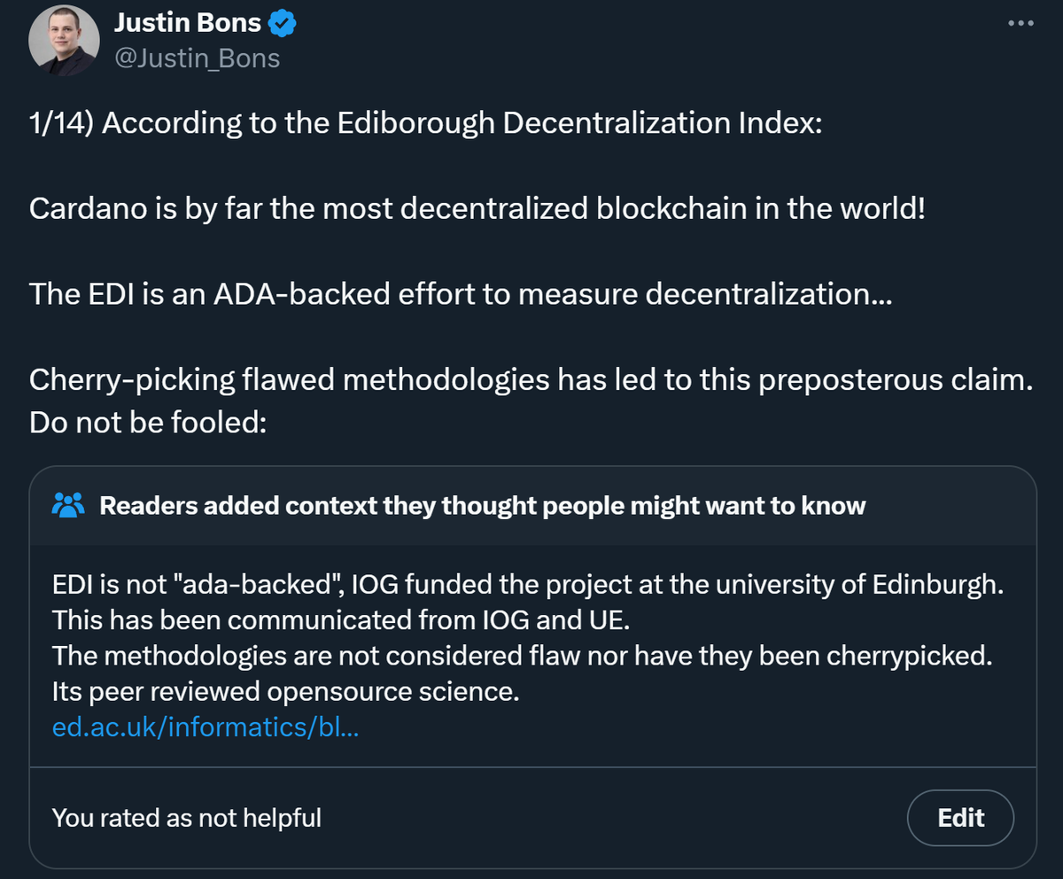 Justin_Bons's tweet photo. Wow, the first time I got a "community note" &amp; it is hilariously wrong

They claim EDI is not "ADA-backed," &amp; in the same sentence say IOG funded the EDI...

IOG is literally the same company that created ADA!

The EDI puts ADA on top of all chains, that stinks of cherry-picking: https://t.co/GN1hiKGgqm