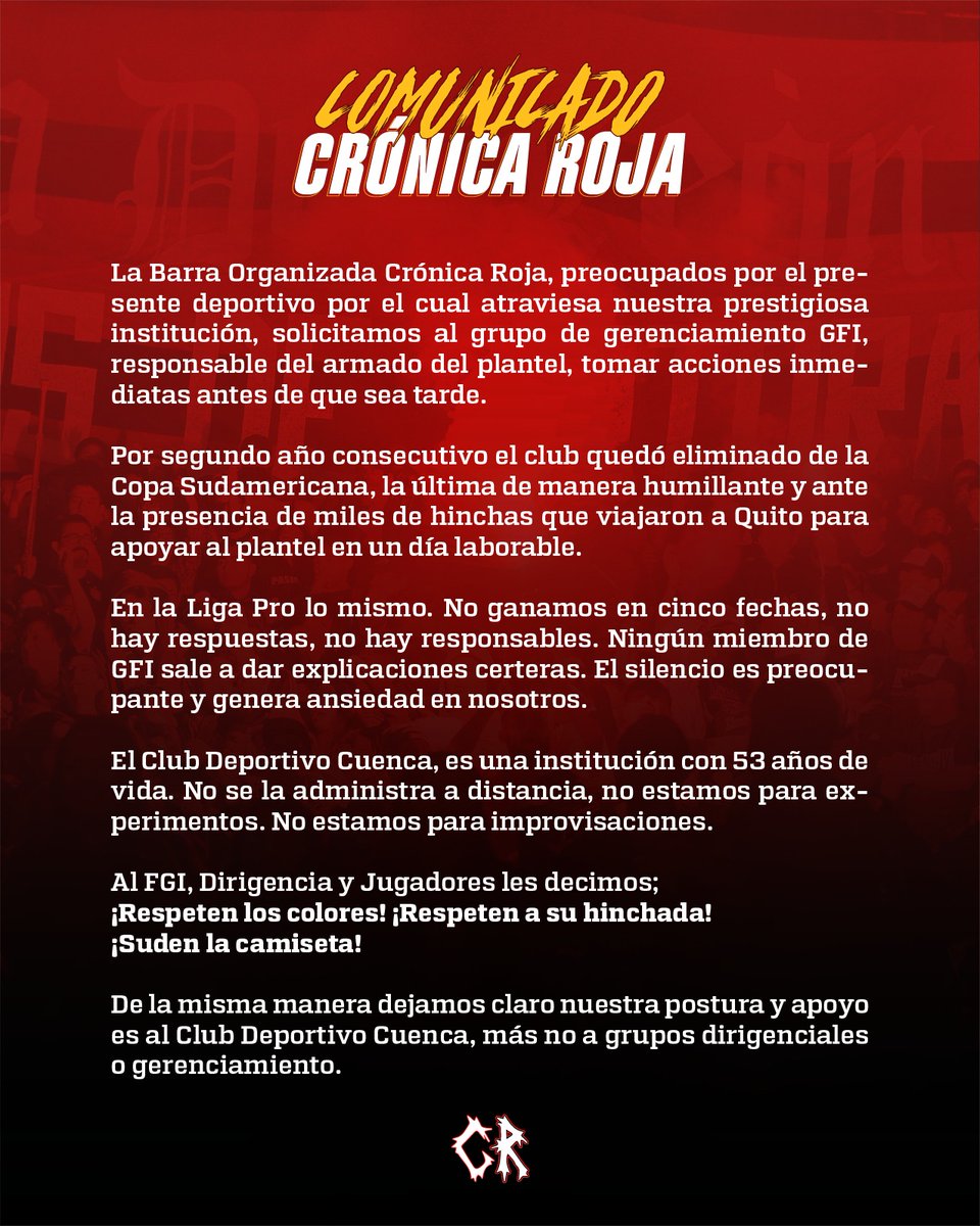 Comunicado oficial de la Barra Crónica Roja.