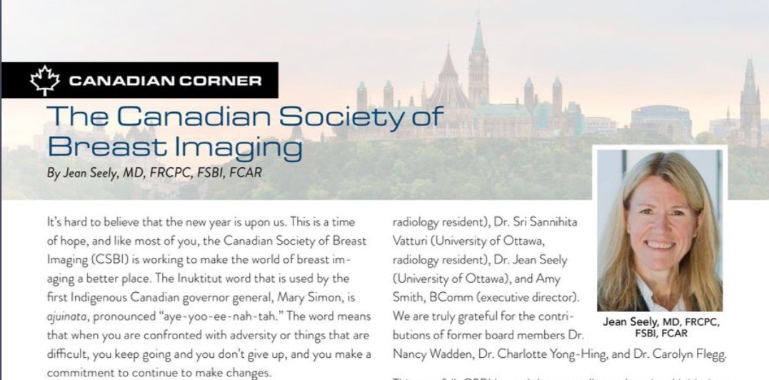 In this Winter edition of @BreastImaging News, learn from our expert @JeanSeely @CanadaSBI President, on ongoing physician shortage & burnout in Breast imaging, solutions & upcoming changes to CSBI Board. Meet her in Montreal soon! Read it in full 👉🏻 bit.ly/3wa9YHR