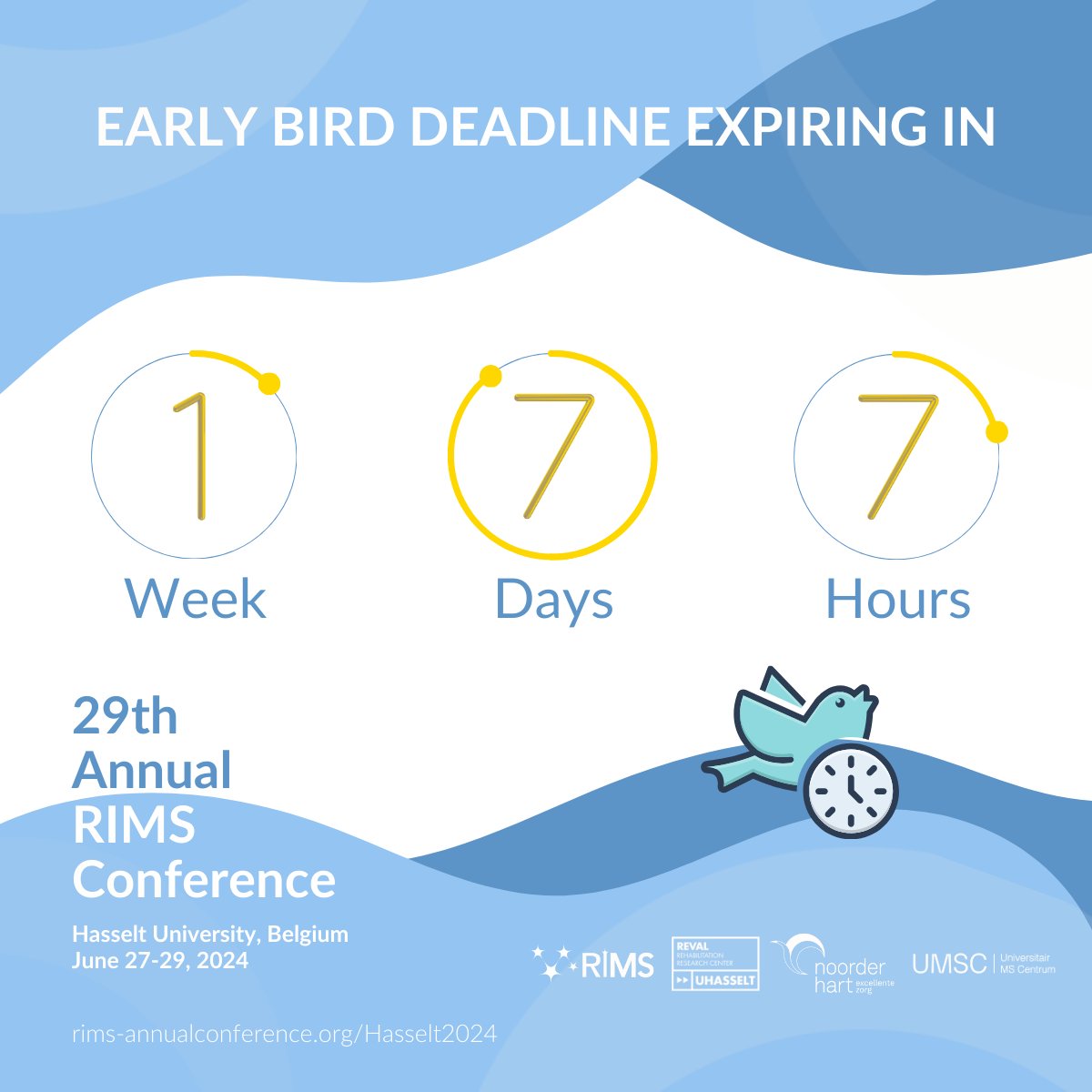 RIMS - Rehabilitation in Multiple Sclerosis (@eurims) on Twitter photo ⌛ Only one week left until the Early Bird deadline expires!
➡️Secure your spot now at a discounted rate and join us for an incredible experience: eu.eventscloud.com/website/13185/…
#RIMS #RIMS2024 #EarlyBird #deadline #RegisterNow <a href="/Fac_Revalidatie/">Faculteit Revalidatiewetenschappen</a> ⌛ Only one week left until the Early Bird deadline expires!
➡️Secure your spot now at a discounted rate and join us for an incredible experience: eu.eventscloud.com/website/13185/…
#RIMS #RIMS2024 #EarlyBird #deadline #RegisterNow <a href="/Fac_Revalidatie/">Faculteit Revalidatiewetenschappen</a>
