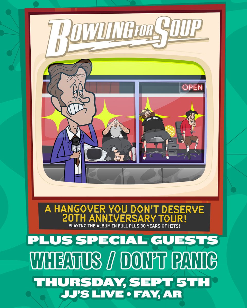 JUST ANNOUNCED 🥣 Bowling for Soup is BACK with special guests Wheatus and Don’t Panic on Thursday, September 5th! 📰 presale on Thursday 3/28 at 10:00am. Subscribe at jjslive.com 🎟️ tickets go on sale to the public Friday 3/29 at 10:00am